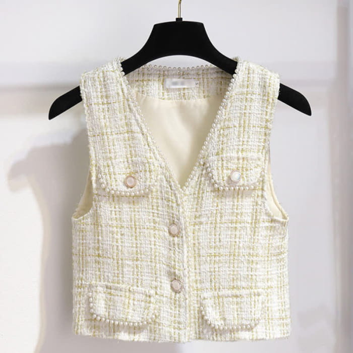 Plaid Print Pearl Vest Lace Up Long Sleeve Pleated Shirt