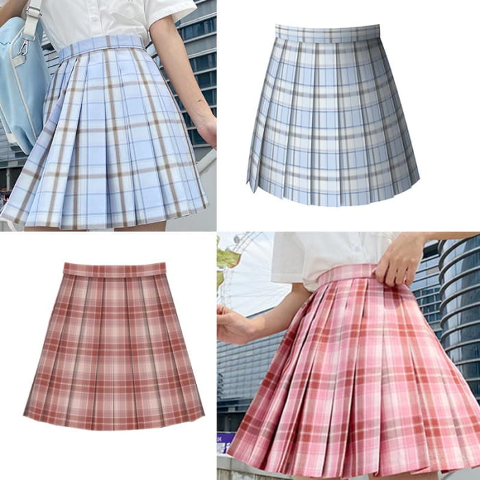 Plaid Print Pleated Skirt Bow Tie Set