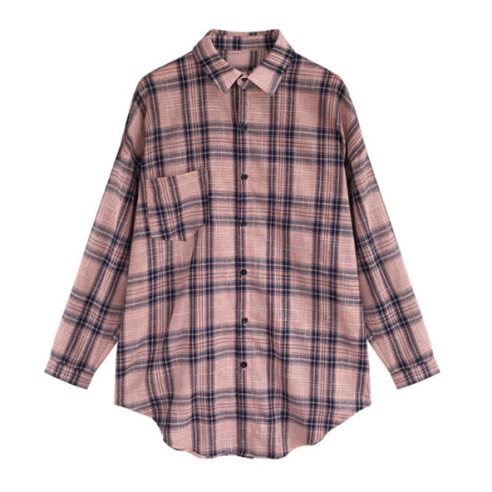 Plaid Print Pocket Lapel Loose Shirt