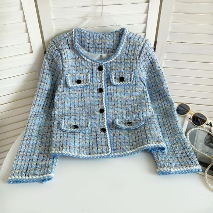 Plaid Single-Breasted Jacket - Light Blue / One Size