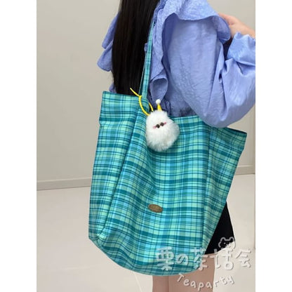 Plaid Tote Bag / Charm / Set - With Ball - Aqua Green