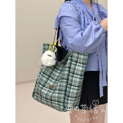 Plaid Tote Bag / Charm / Set - With Ball - Black & Green