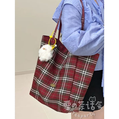 Plaid Tote Bag / Charm / Set - With Ball - Red / One Size