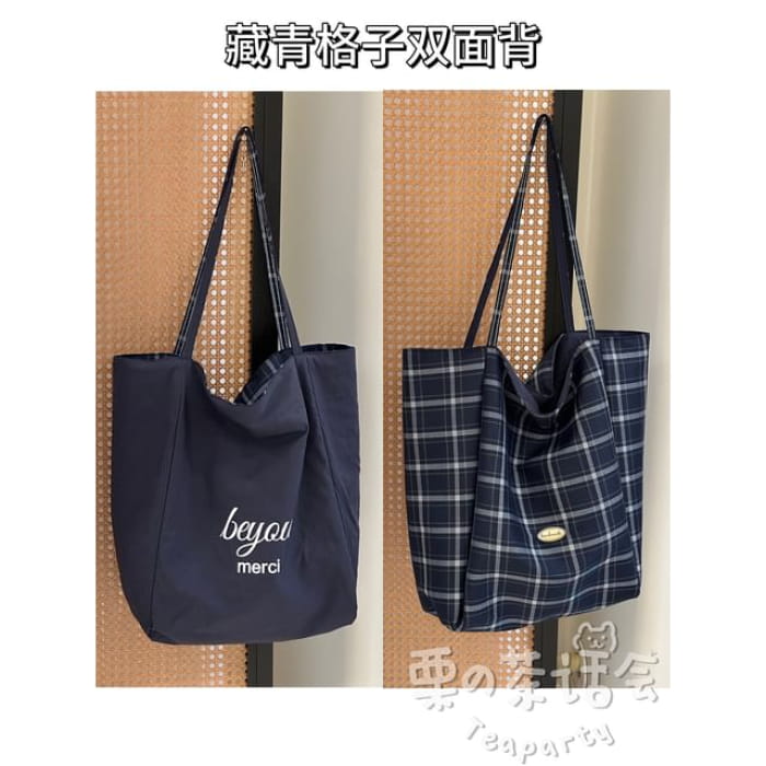 Plaid Tote Bag / Charm / Set - Without - Navy Blue