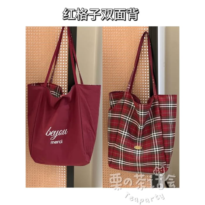 Plaid Tote Bag / Charm / Set - Without - Red / One Size