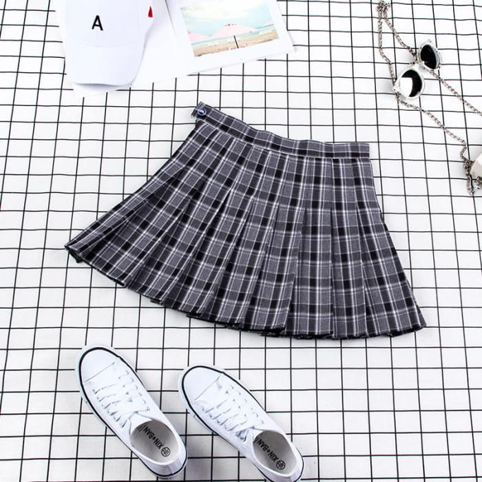 Plaid Uniform A-line High Waist Pleated Skirt - Black / XS