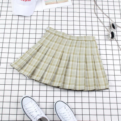 Plaid Uniform A-line High Waist Pleated Skirt - Green / XS