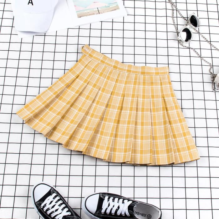 Plaid Uniform A-line High Waist Pleated Skirt - Yellow / XS