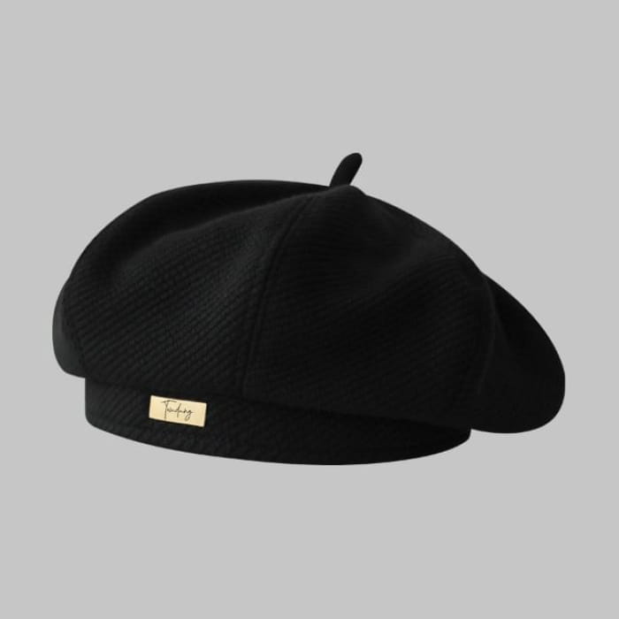 Plain Applique Beret - Adjustable - Black / One Size - Hats