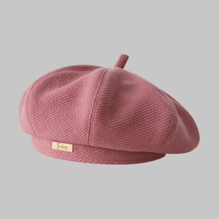 Plain Applique Beret - Adjustable - Dark Pink / One Size