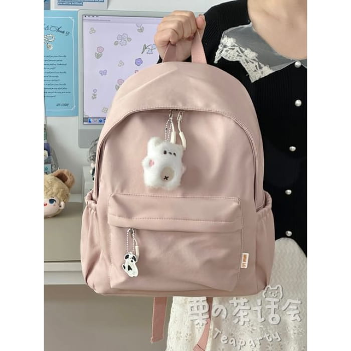 Plain Backpack / Bag Charm / Set - With White Bear - Pink