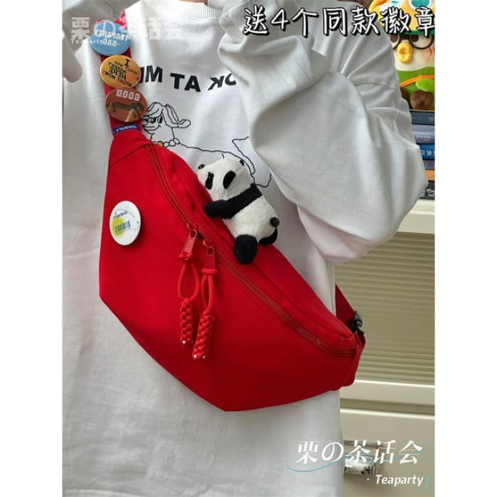 Plain Belt Bag / Charm / Set - With Panda - Red / One Size