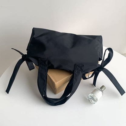 Plain Bow Accent Nylon Tote Bag - Black / One Size