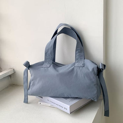 Plain Bow Accent Nylon Tote Bag - Blue / One Size