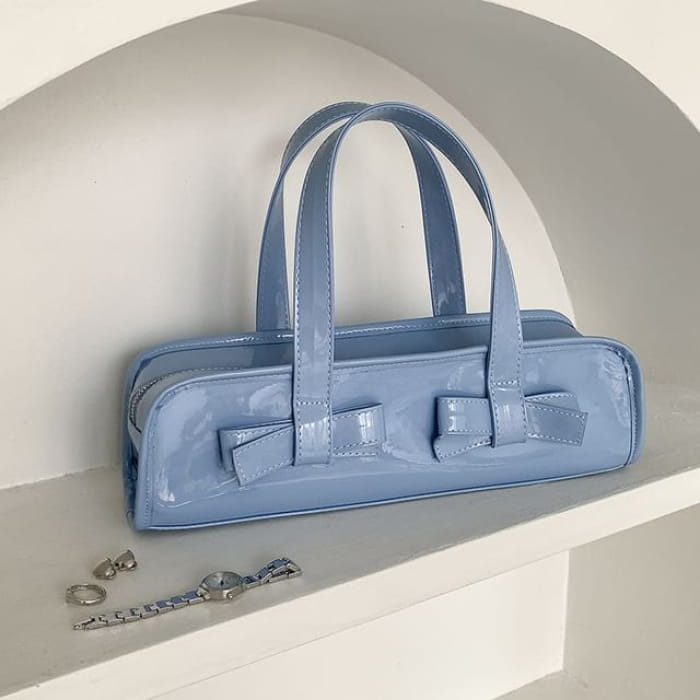 Plain Bow Accent Patent Leather Shoulder Bag - Blue