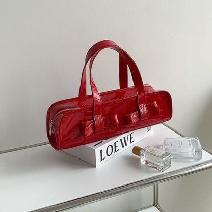 Plain Bow Accent Patent Leather Shoulder Bag - Red