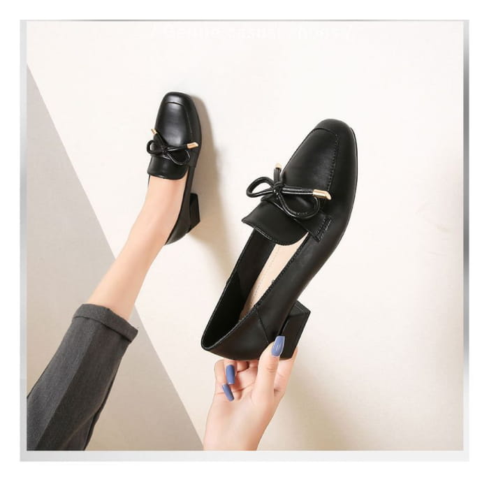 Plain Bow Block Heel Loafers Egirldoll