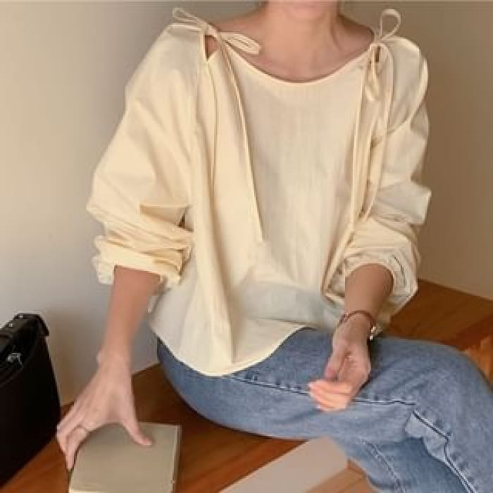 Plain Bow Blouse - Almond / One Size