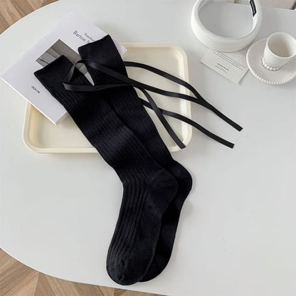 Plain Bow Knee High Socks - Black / One Size