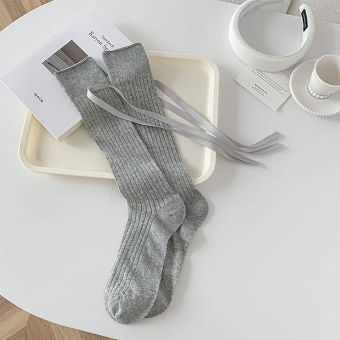 Plain Bow Knee High Socks - Gray / One Size