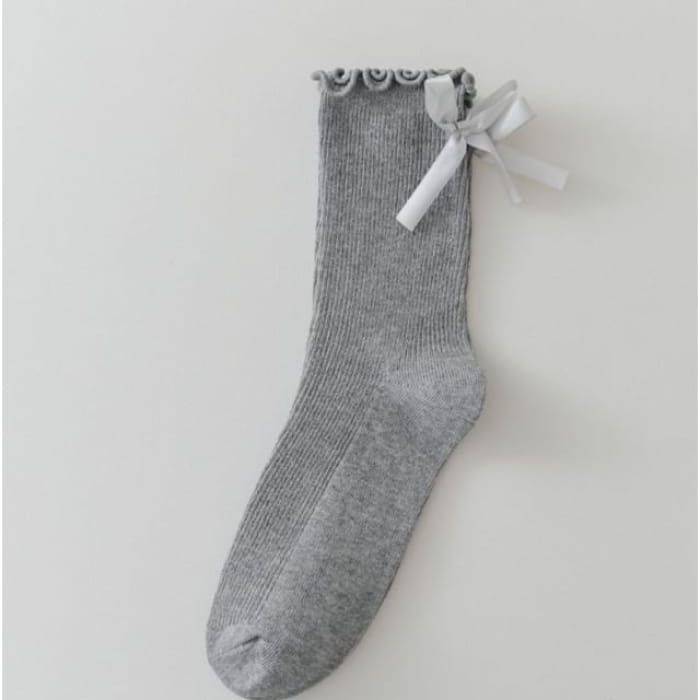 Plain Bow Lettuce Edge Ribbed Socks - 1 Pair - Light Gray