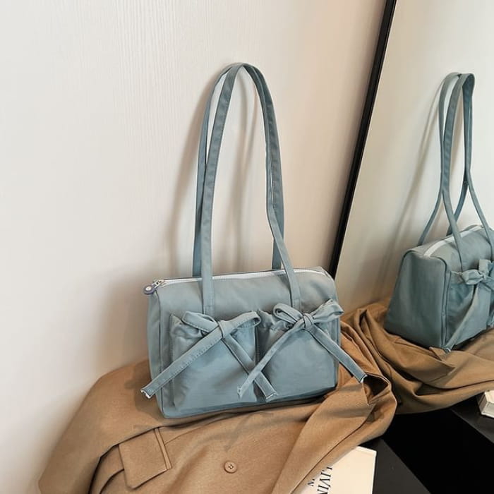 Plain Bow Nylon Tote Bag - Blue / One Size