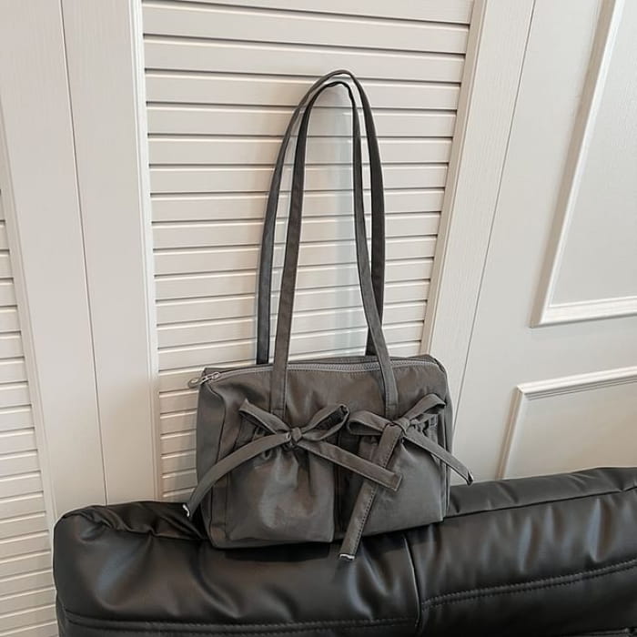 Plain Bow Nylon Tote Bag - Gray / One Size