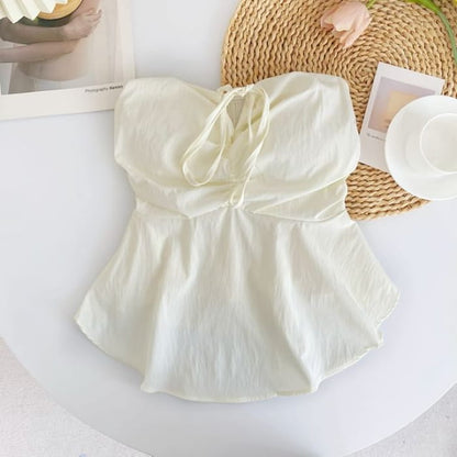 Plain Bow Peplum Tube Top - Almond / One Size