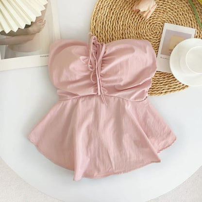 Plain Bow Peplum Tube Top - Pink / One Size