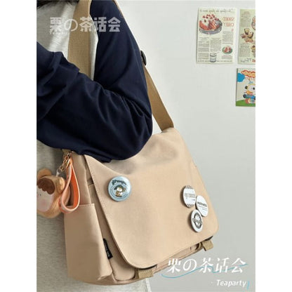 Plain Buckled Flap Crossbody Bag - With Bear Face Charm