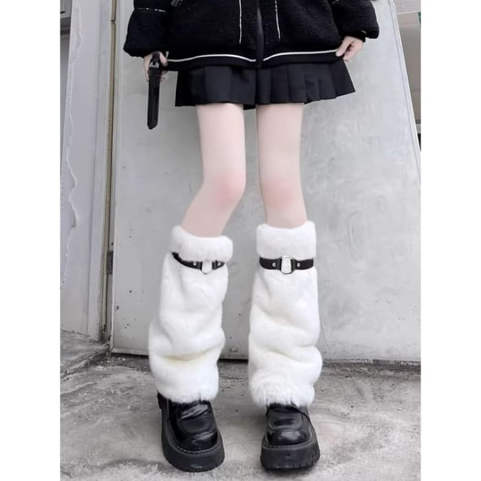 Plain Buckled Fluffy Leg Warmers - White / One Size