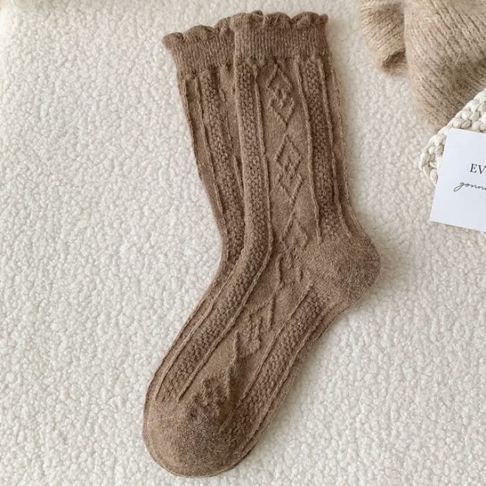 Plain Cable Knit Short Socks Set - 2 Pair - Camel / One Size