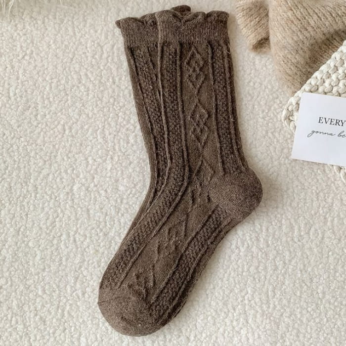 Plain Cable Knit Short Socks Set - 2 Pair - Dark Camel