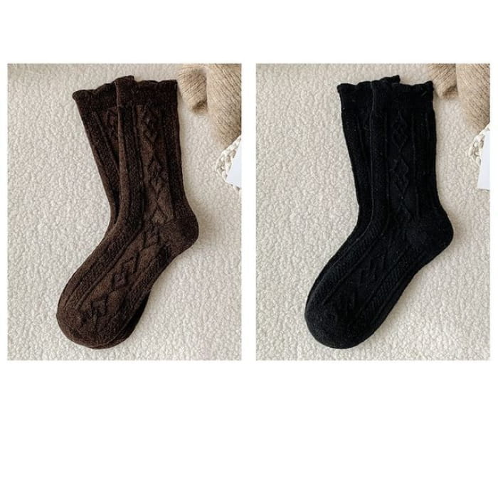 Plain Cable Knit Short Socks Set - 2 Pair - Dark Coffee &