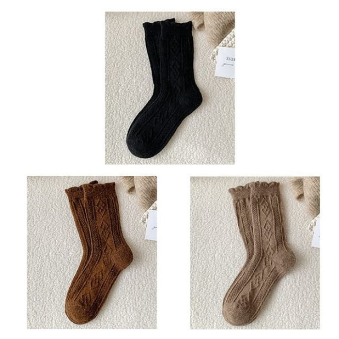 Plain Cable Knit Short Socks Set - 3 Pair - Black & Dark