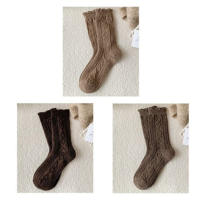 Plain Cable Knit Short Socks Set - 3 Pair - Camel & Dark