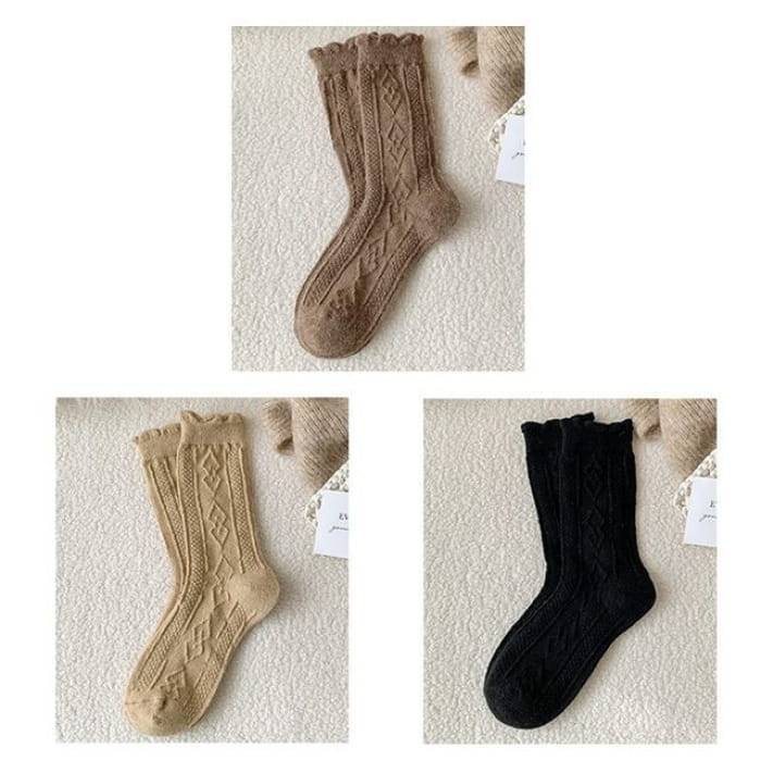 Plain Cable Knit Short Socks Set - 3 Pair - Camel & Khaki