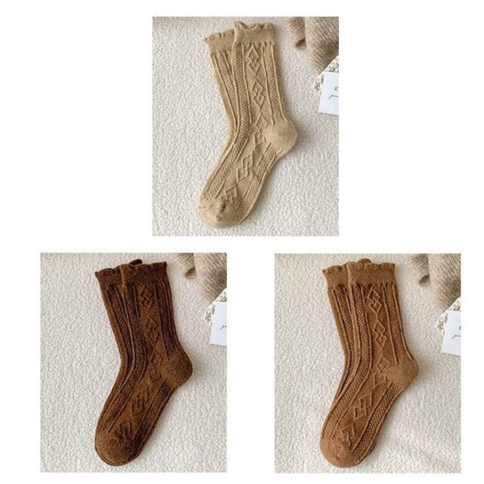 Plain Cable Knit Short Socks Set - 3 Pair - Khaki & Dark