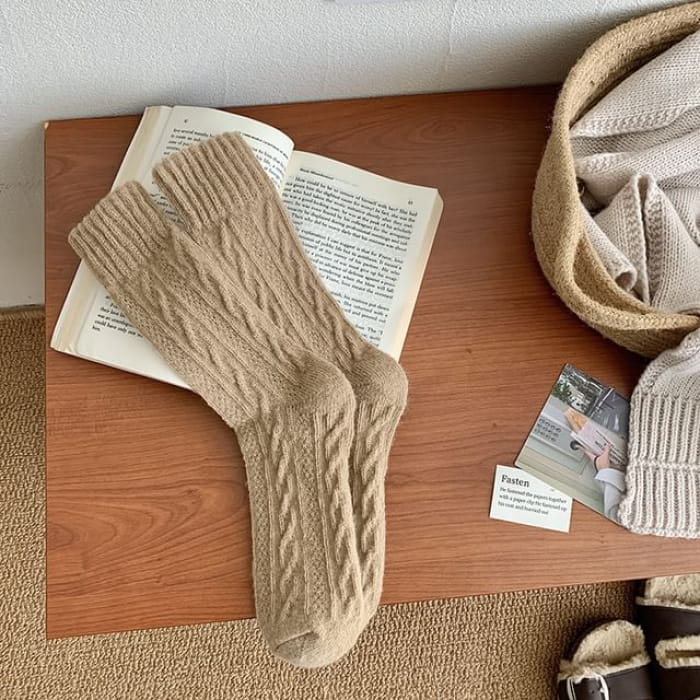 Plain Cable Knit Socks - Khaki / One Size