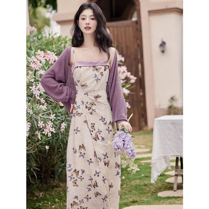 Plain Cardigan / Spaghetti Strap Butterfly Print Maxi