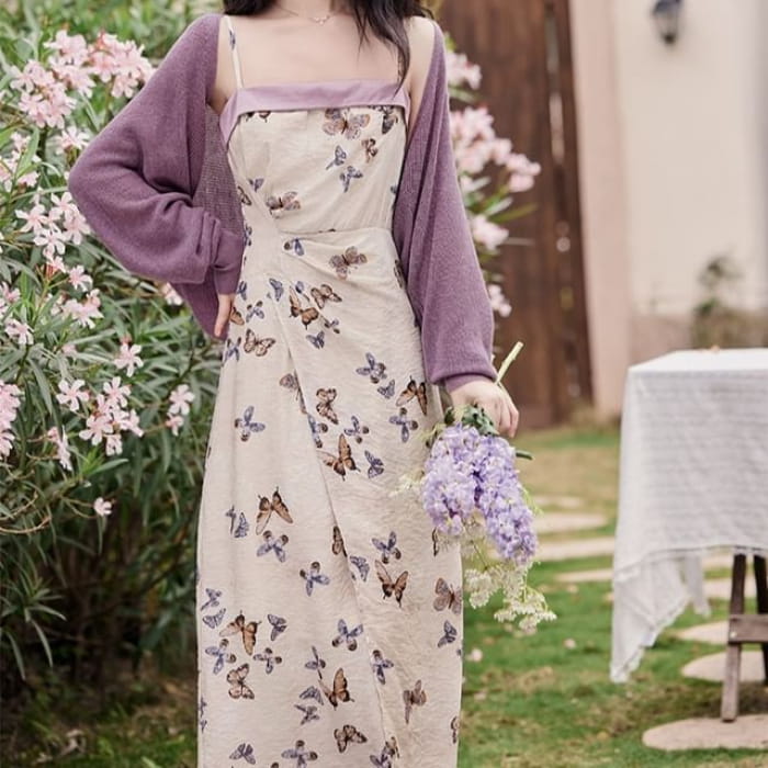 Plain Cardigan / Spaghetti Strap Butterfly Print Maxi