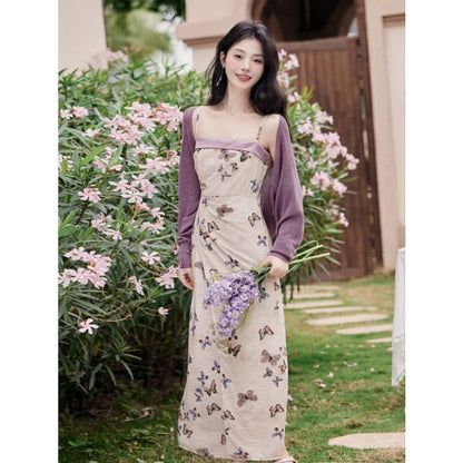 Plain Cardigan / Spaghetti Strap Butterfly Print Maxi