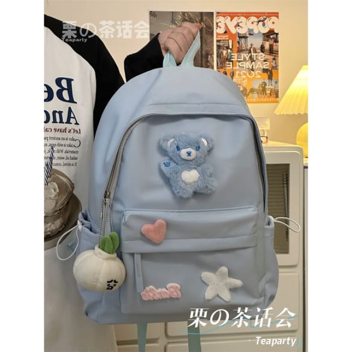 Plain Cartoon Applique Backpack - With Garlic Charm - Blue