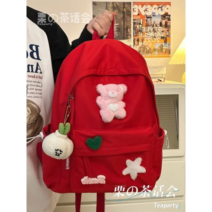 Plain Cartoon Applique Backpack - With Garlic Charm - Red