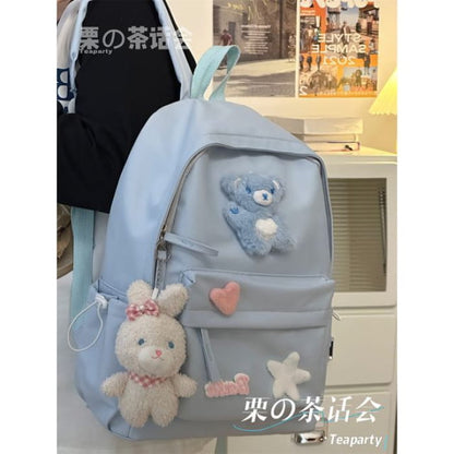 Plain Cartoon Applique Backpack - With Rabbit Charm - Blue