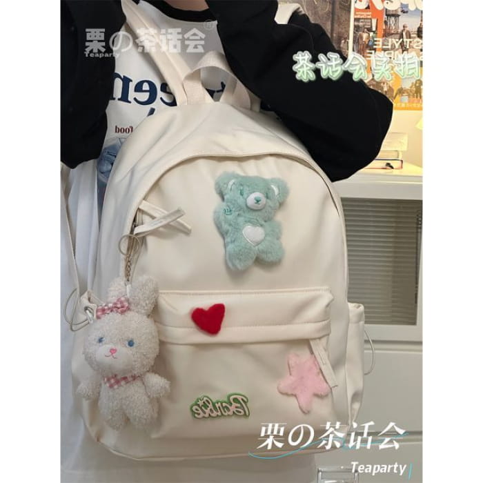 Plain Cartoon Applique Backpack - With Rabbit Charm