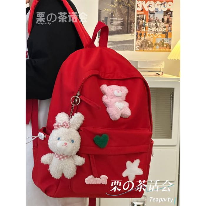 Plain Cartoon Applique Backpack - With Rabbit Charm - Red