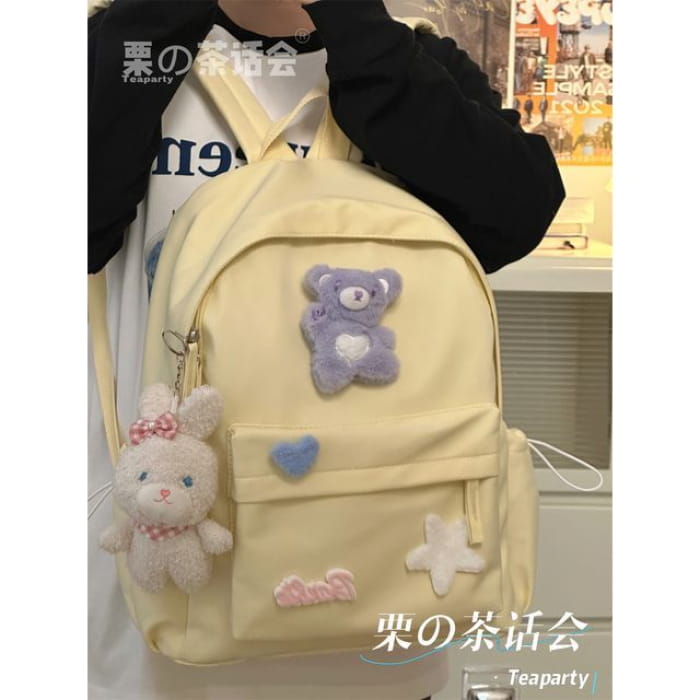 Plain Cartoon Applique Backpack - With Rabbit Charm