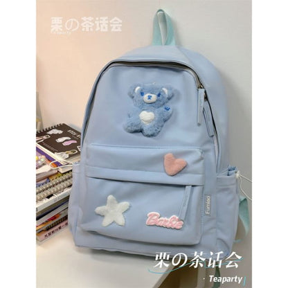 Plain Cartoon Applique Backpack - Without Bag Charm - Blue