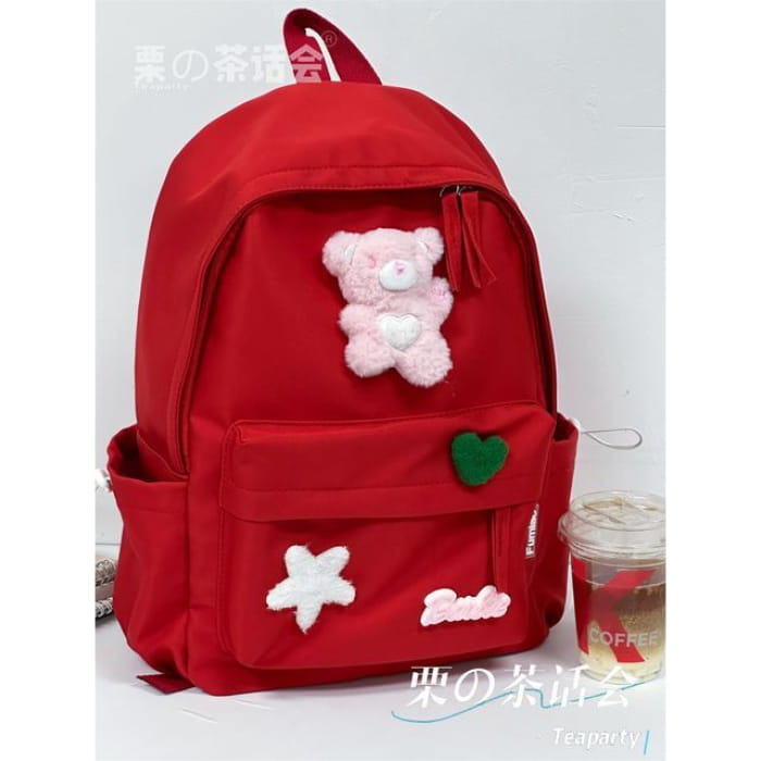 Plain Cartoon Applique Backpack - Without Bag Charm - Red